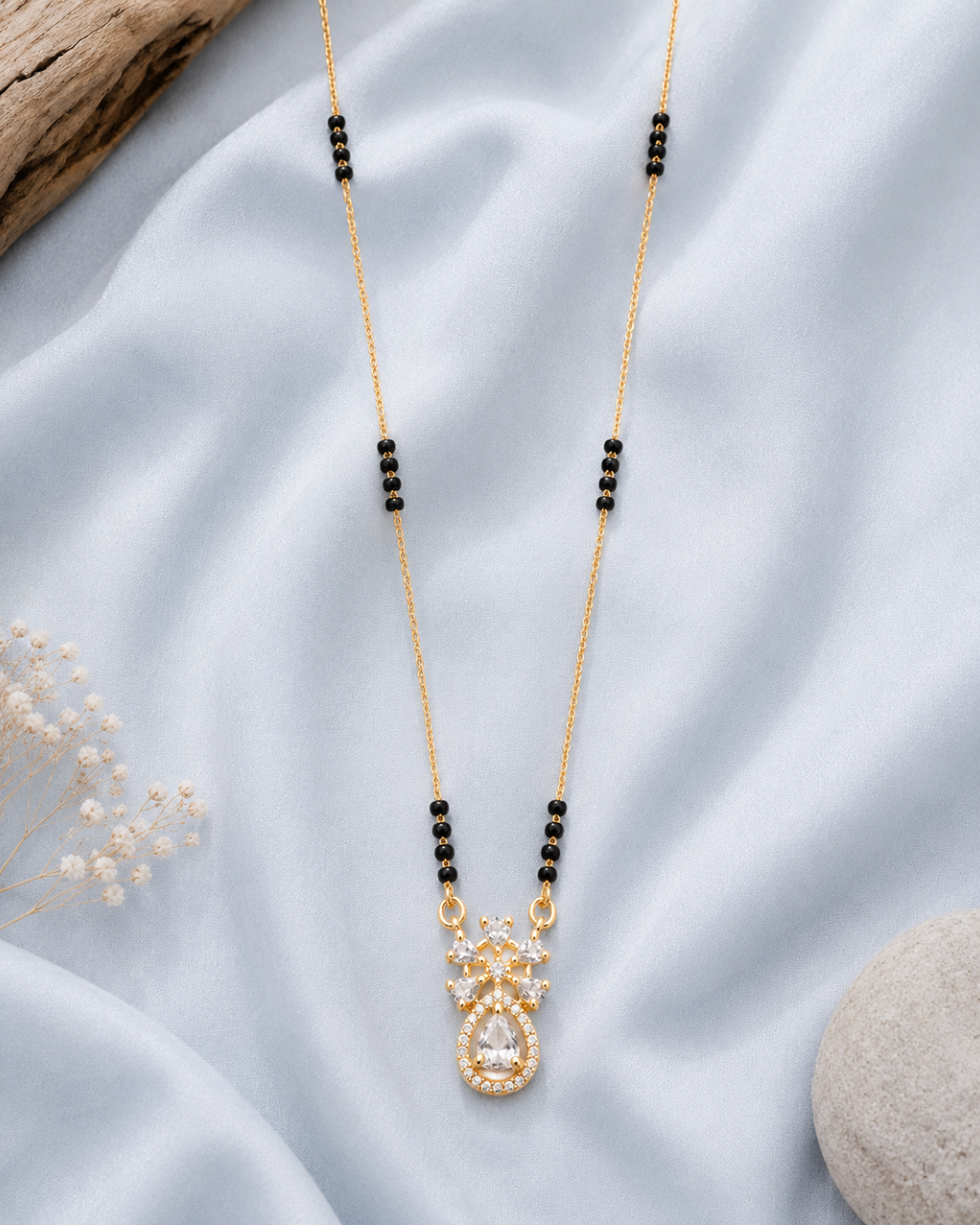 Rose Gold Floral Drop Mangalsutra with Black Beads