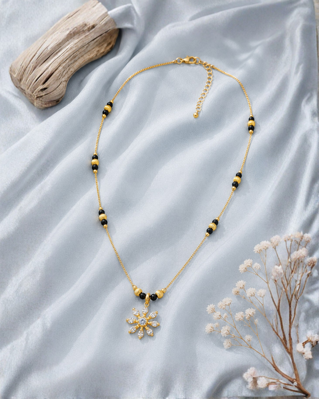 Snowflake Charm Mangalsutra with Black Bead Chain