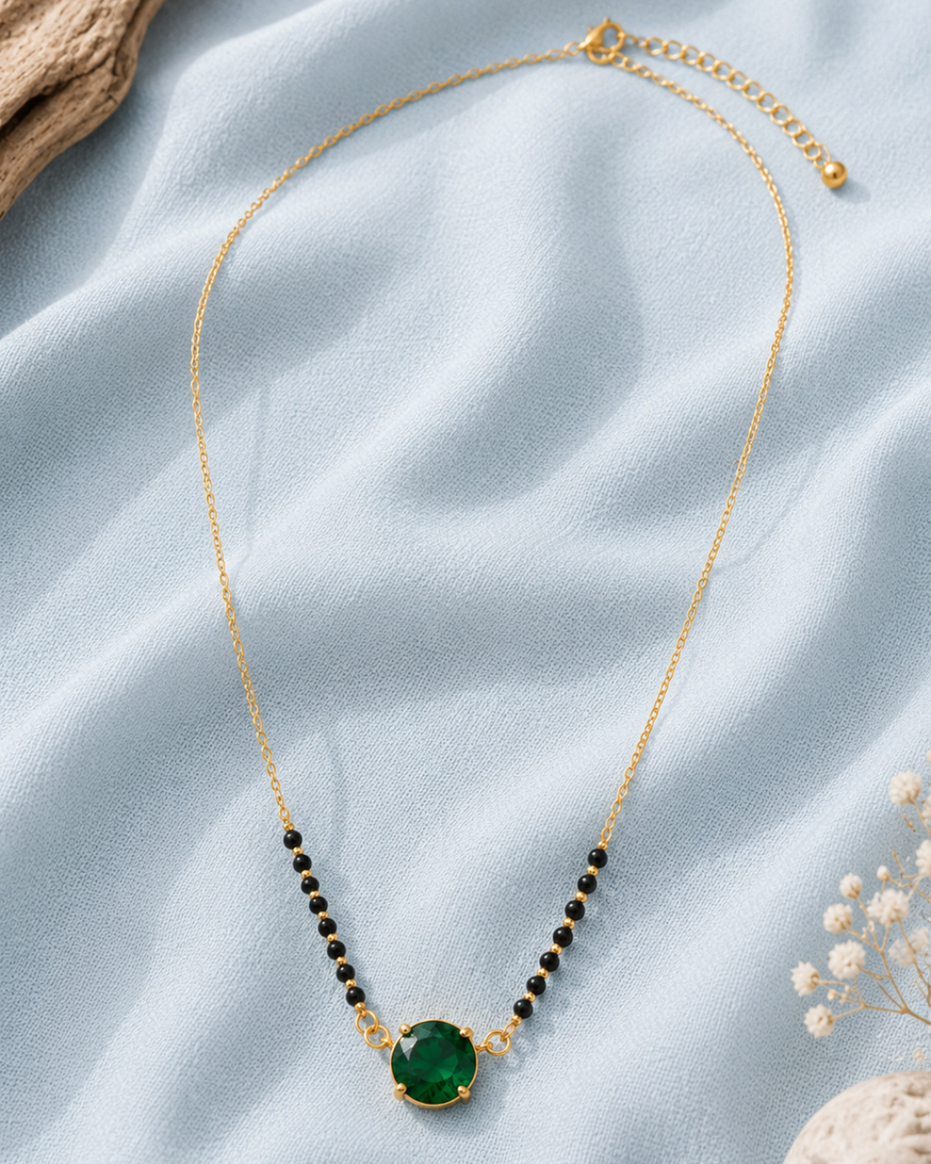Emerald Green Solitaire Mangalsutra with Black Beads