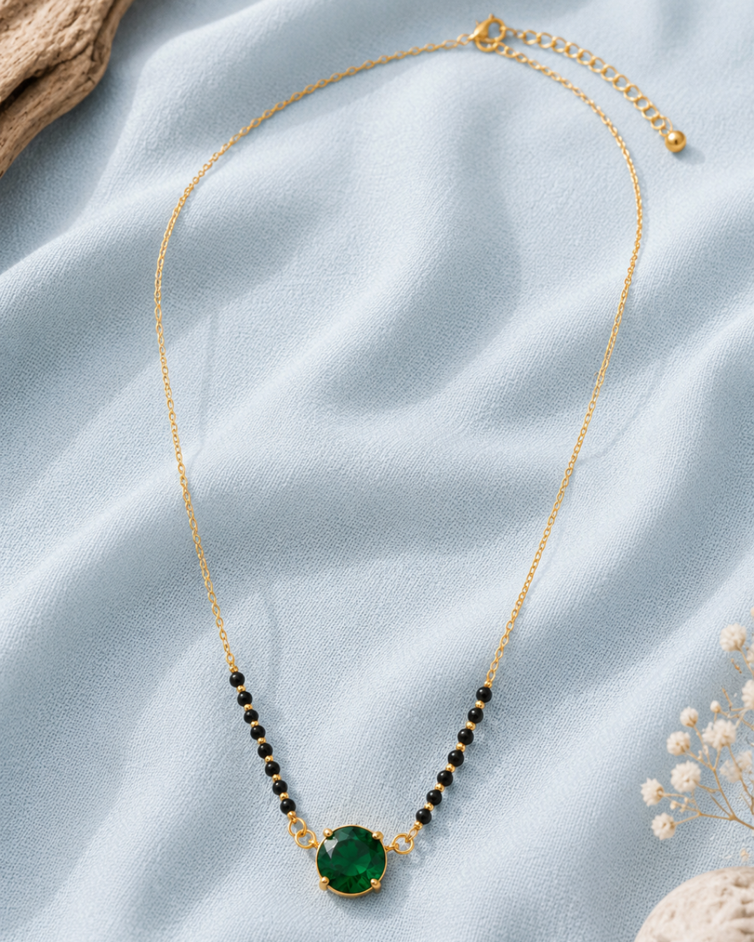 Emerald Green Solitaire Mangalsutra with Black Beads