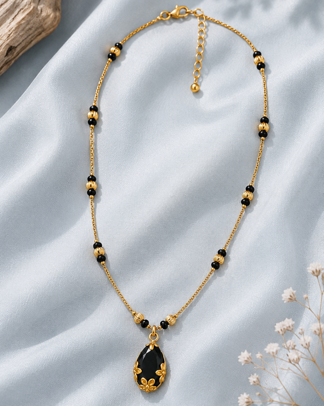 Emerald Green Teardrop Mangalsutra with Black Bead Chain