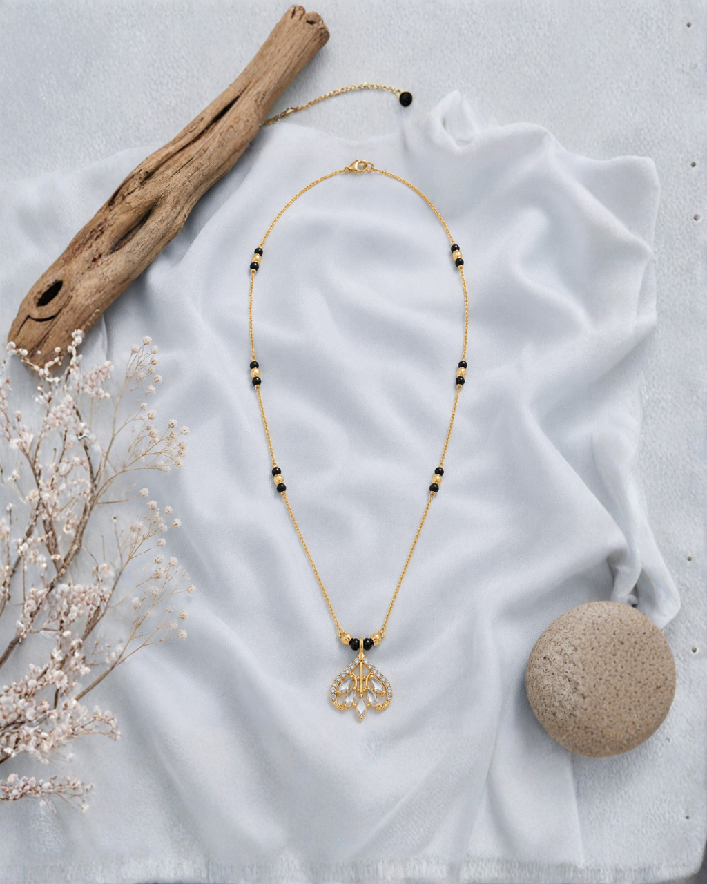 Elegant CZ Pendant Mangalsutra Necklace with Black Beads