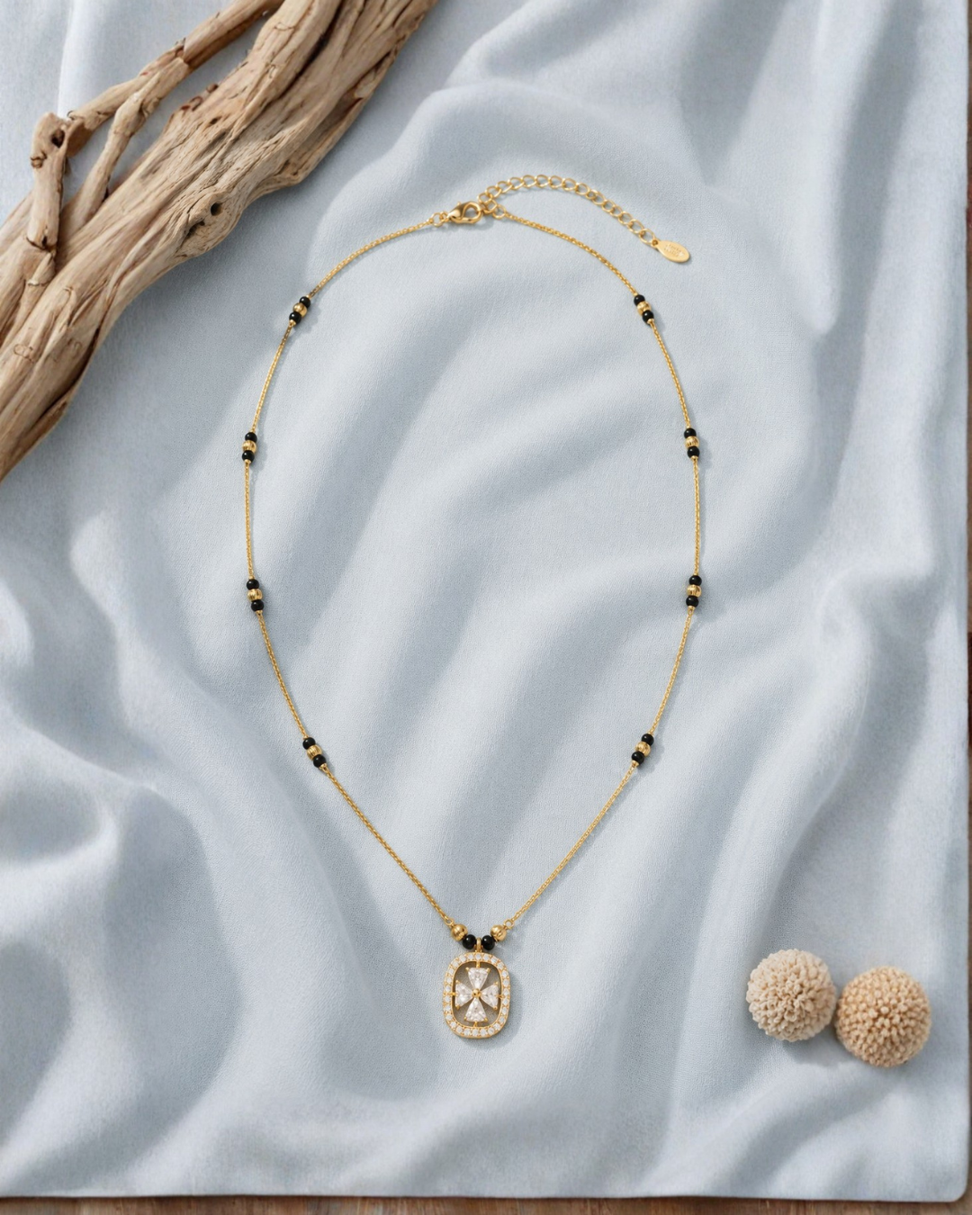 Vintage CZ Pendant Mangalsutra with Black Bead Chain