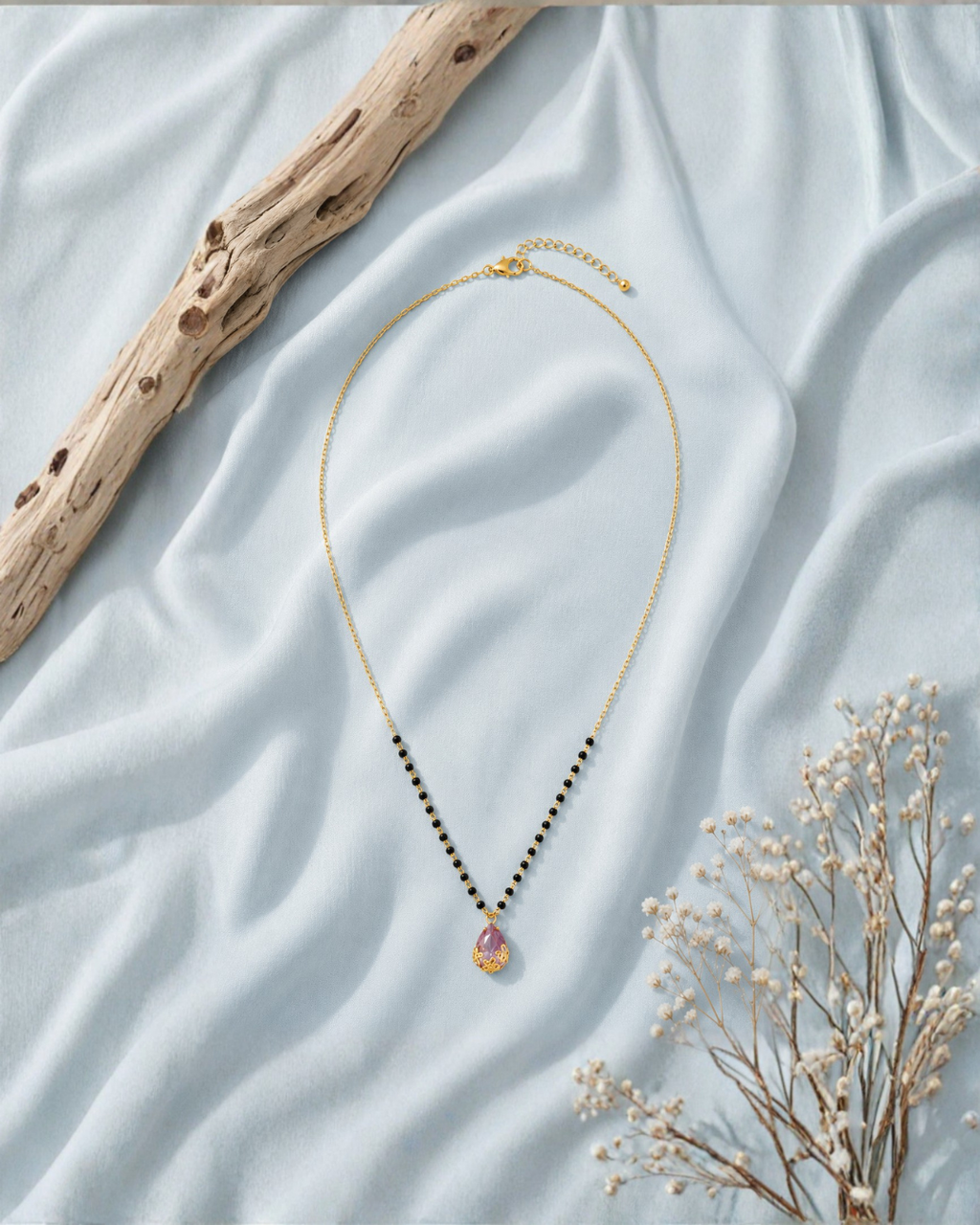 Amethyst Purple Teardrop Mangalsutra with Black Bead Chain