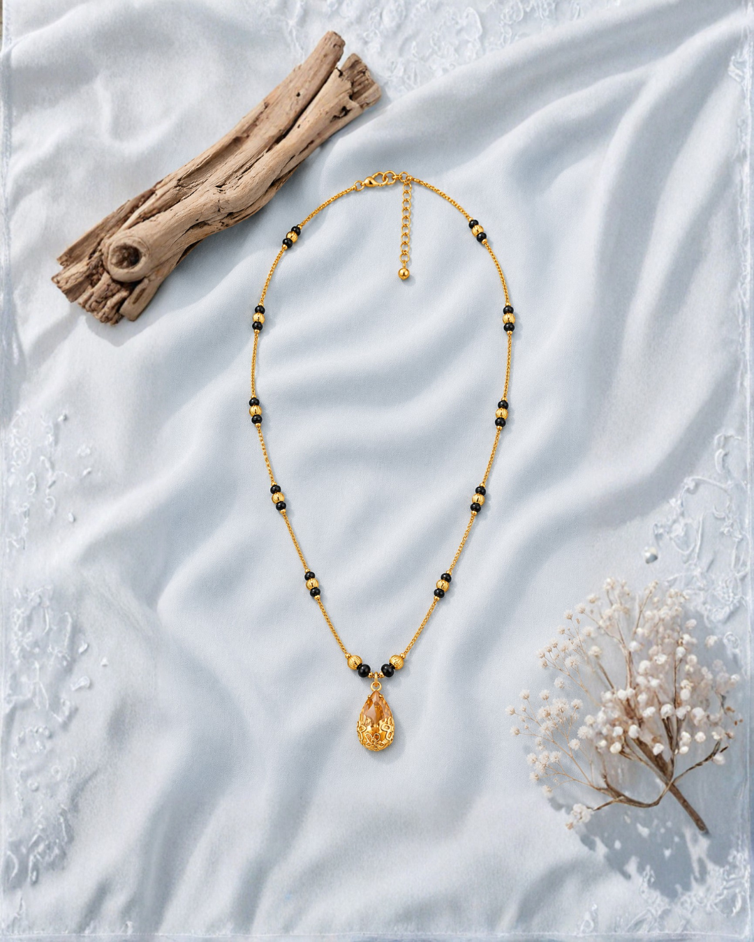 Amber Teardrop Mangalsutra with Black Bead Chain