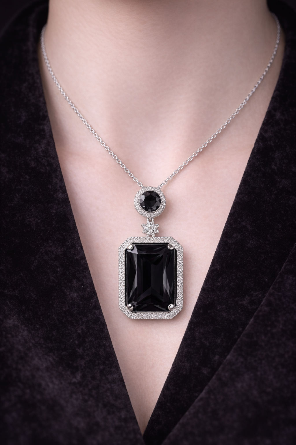 Elegant Black Crystal Statement Pendant Necklace | Silver Plated CZ Necklace for Women